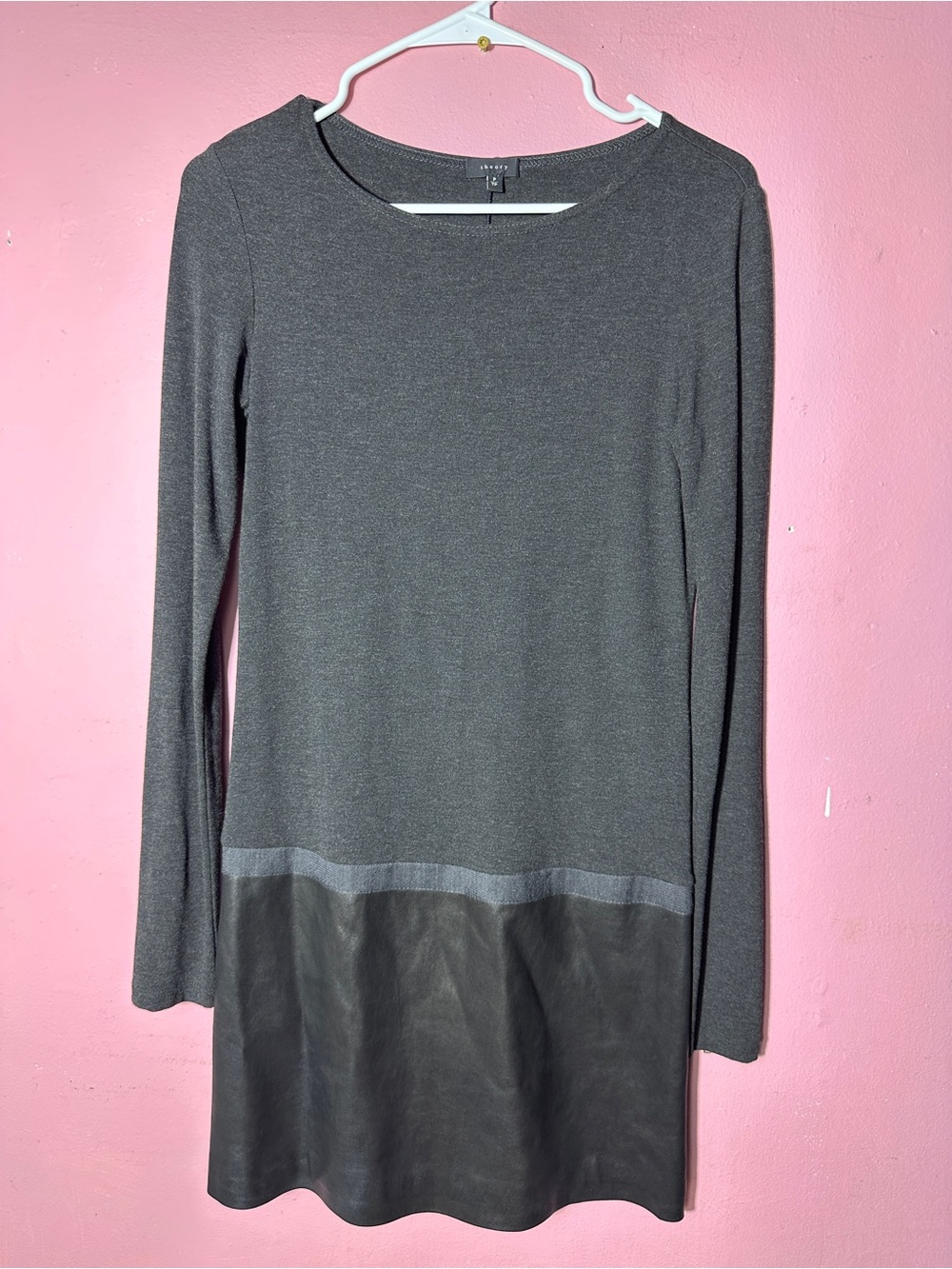 Theory Charcoal Gray Long Sleeve Knit Dress with Faux Leather Hem